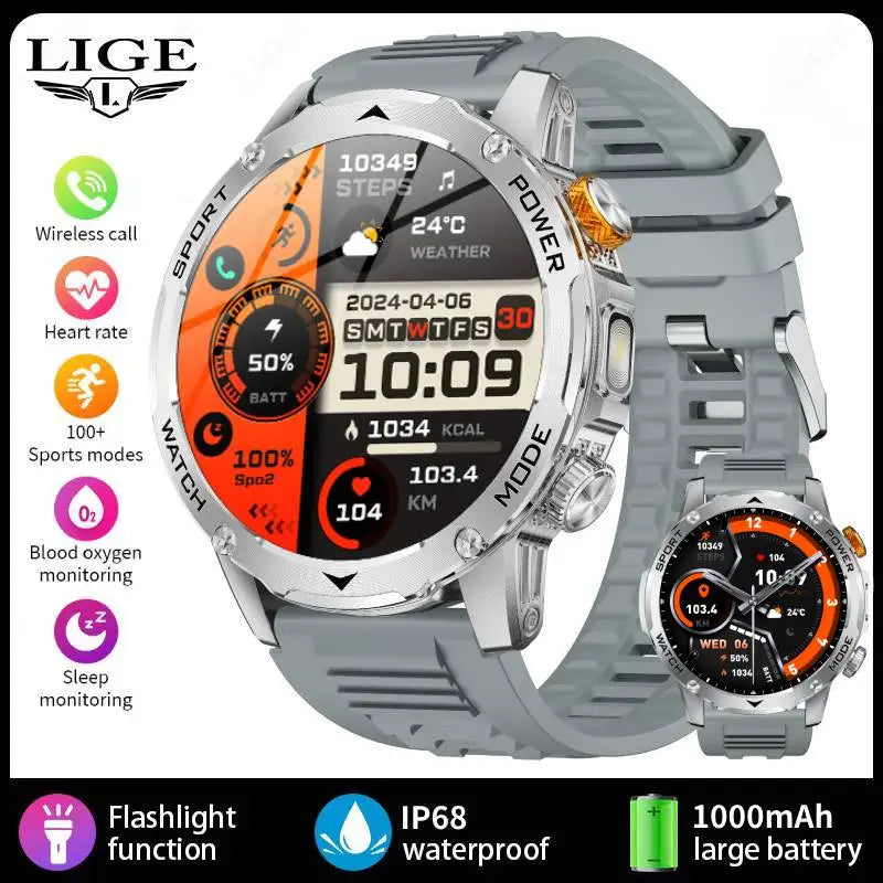 LIGE Smartwatch Men 2025 – 1000 mAh Battery, Outdoor, Bluetooth Call, Sports & Flashlight