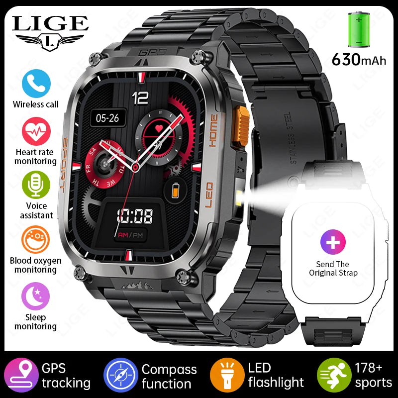 LIGE 2025 Smartwatch Men – 2.01" HD AMOLED, GPS, IP68 Waterproof, Outdoor Sports, LED Flashlight, Bluetooth Calls