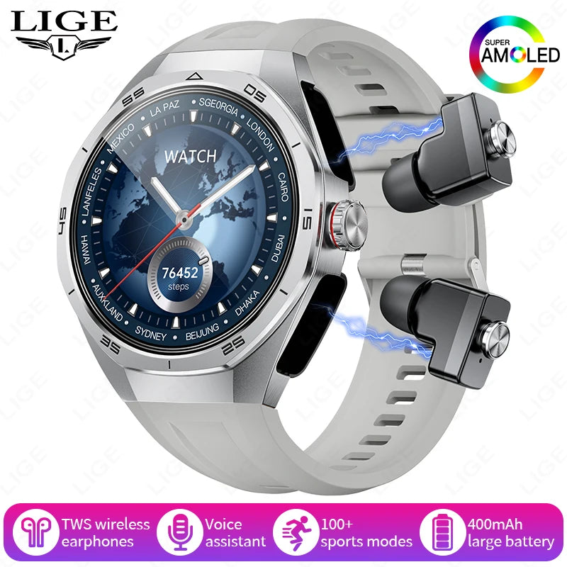 2025 LIGE 2-in-1 Smartwatch Men – NFC, Built-in TWS Earphones, 1.53-inch HD AMOLED, Bluetooth Call, Fitness & Sports Smartwatch