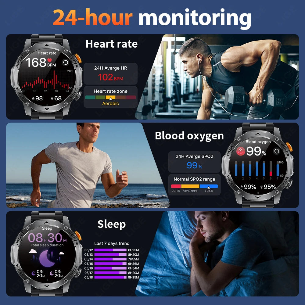 LIGE Smartwatch Men 2025 – 1000 mAh Battery, Outdoor, Bluetooth Call, Sports & Flashlight