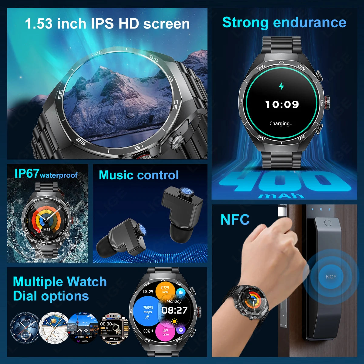 2025 LIGE 2-in-1 Smartwatch Men – NFC, Built-in TWS Earphones, 1.53-inch HD AMOLED, Bluetooth Call, Fitness & Sports Smartwatch