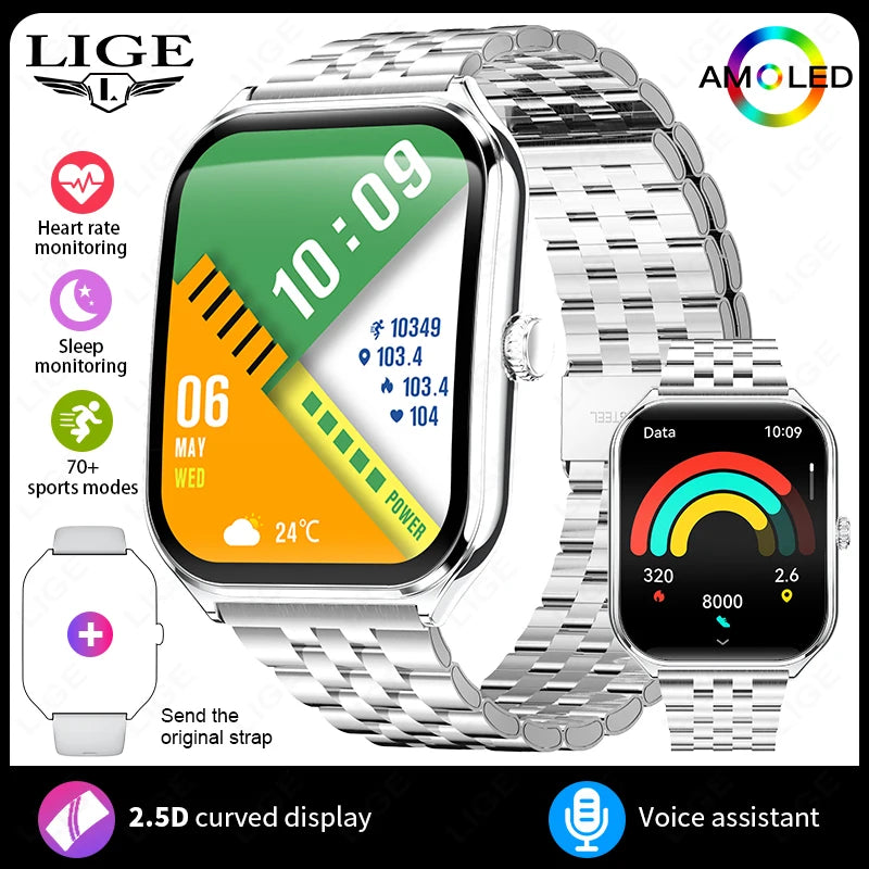 LIGE Smartwatch 2025 – 1,96" AMOLED HD, Bluetooth-Anruf, Fitness & Gesundheit für Herren & Damen | Taggytech