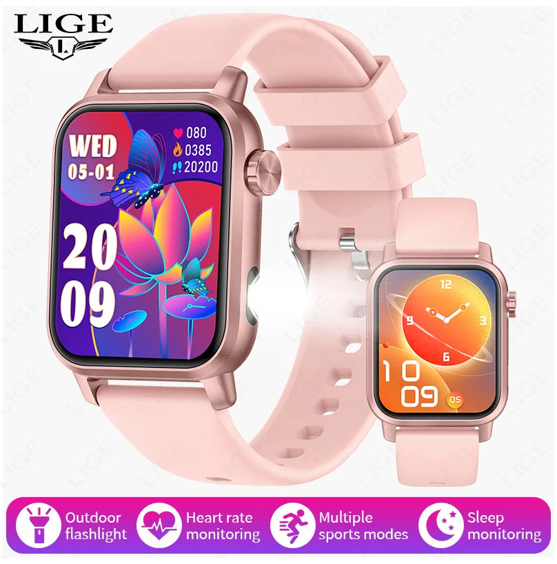 LIGE LED Smartwatch Women – 1.85″ HD Screen, Health Monitor, Fitness Tracker, AI Voice Assistant, Bluetooth Call