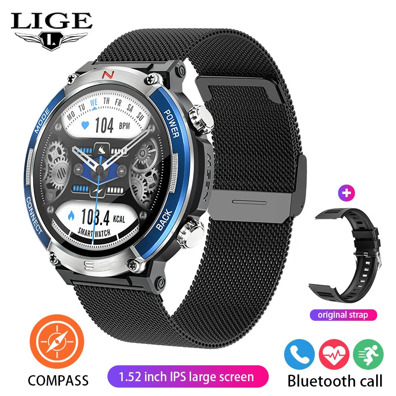 LIGE 2024 Outdoor Smartwatch for Men – Bluetooth Call, Compass, Fitness & Health Monitor, IP68 Waterproof, 1.52" IPS Display
