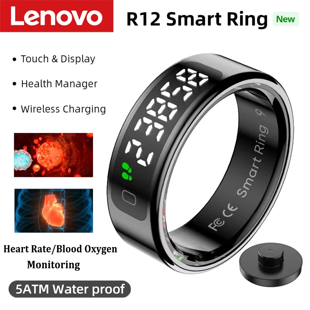 Lenovo R12 Smart Ring – Touchscreen, health tracking & wireless charging | Heart rate, O₂, sleep monitor | 5ATM water resistance