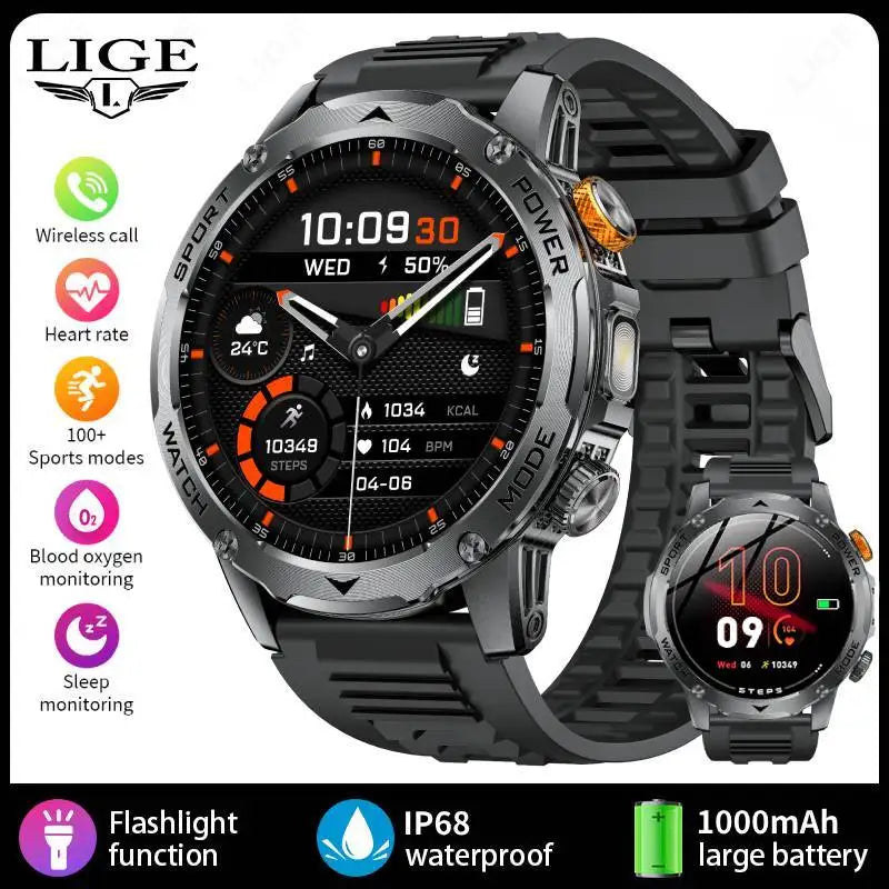 LIGE Smartwatch Men 2025 – 1000 mAh Battery, Outdoor, Bluetooth Call, Sports & Flashlight