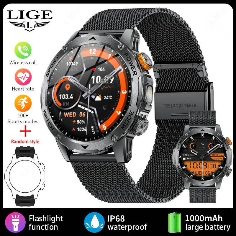 LIGE Smartwatch Men 2025 – 1000 mAh Battery, Outdoor, Bluetooth Call, Sports & Flashlight