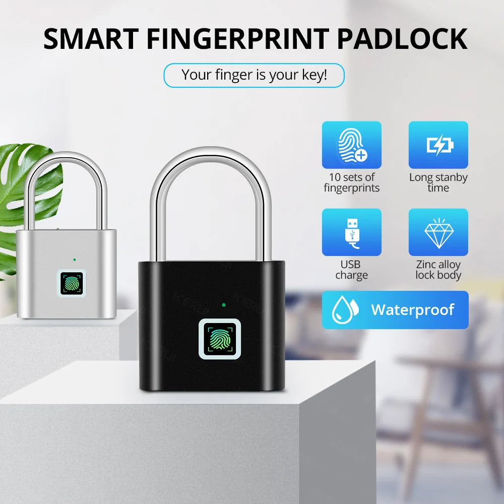 KERUI Smart Fingerabdruck-Vorhängeschloss – USB-Aufladung, IP67 wasserdicht, tragbar, 0,2 s Entsperrung, Diebstahlschutz