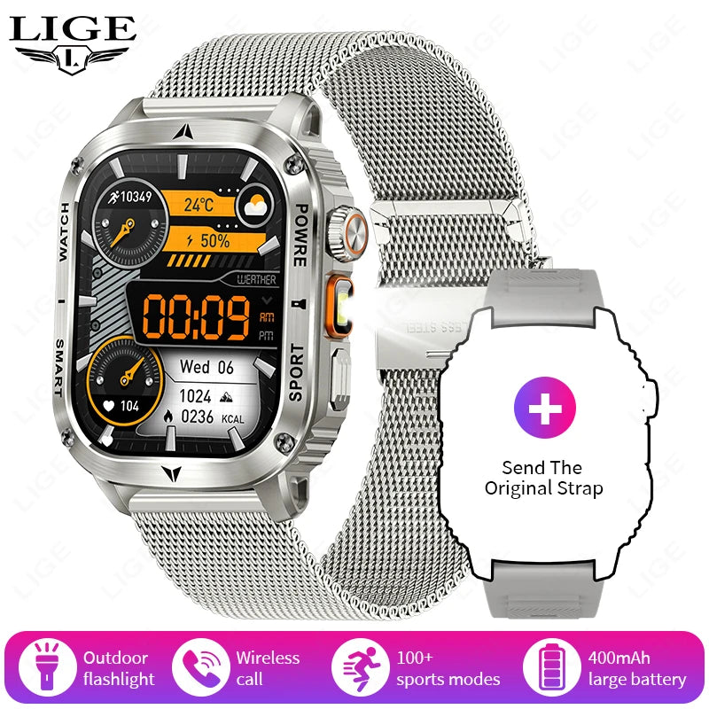 LIGE 2025 Premium Military Smartwatch Men – Outdoor Sports Tracker, Bluetooth Call, Flashlight, IP68 Waterproof, 400 mAh Battery