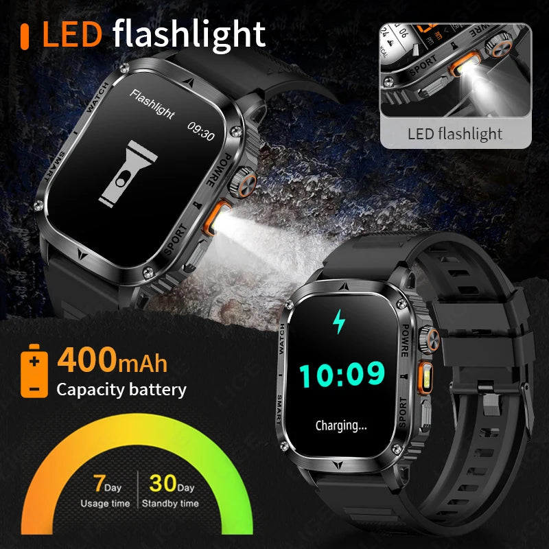 LIGE 2025 Premium Military Smartwatch Men – Outdoor Sports Tracker, Bluetooth Call, Flashlight, IP68 Waterproof, 400 mAh Battery