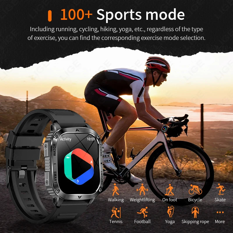 LIGE 2025 Premium Military Smartwatch Men – Outdoor Sports Tracker, Bluetooth Call, Flashlight, IP68 Waterproof, 400 mAh Battery