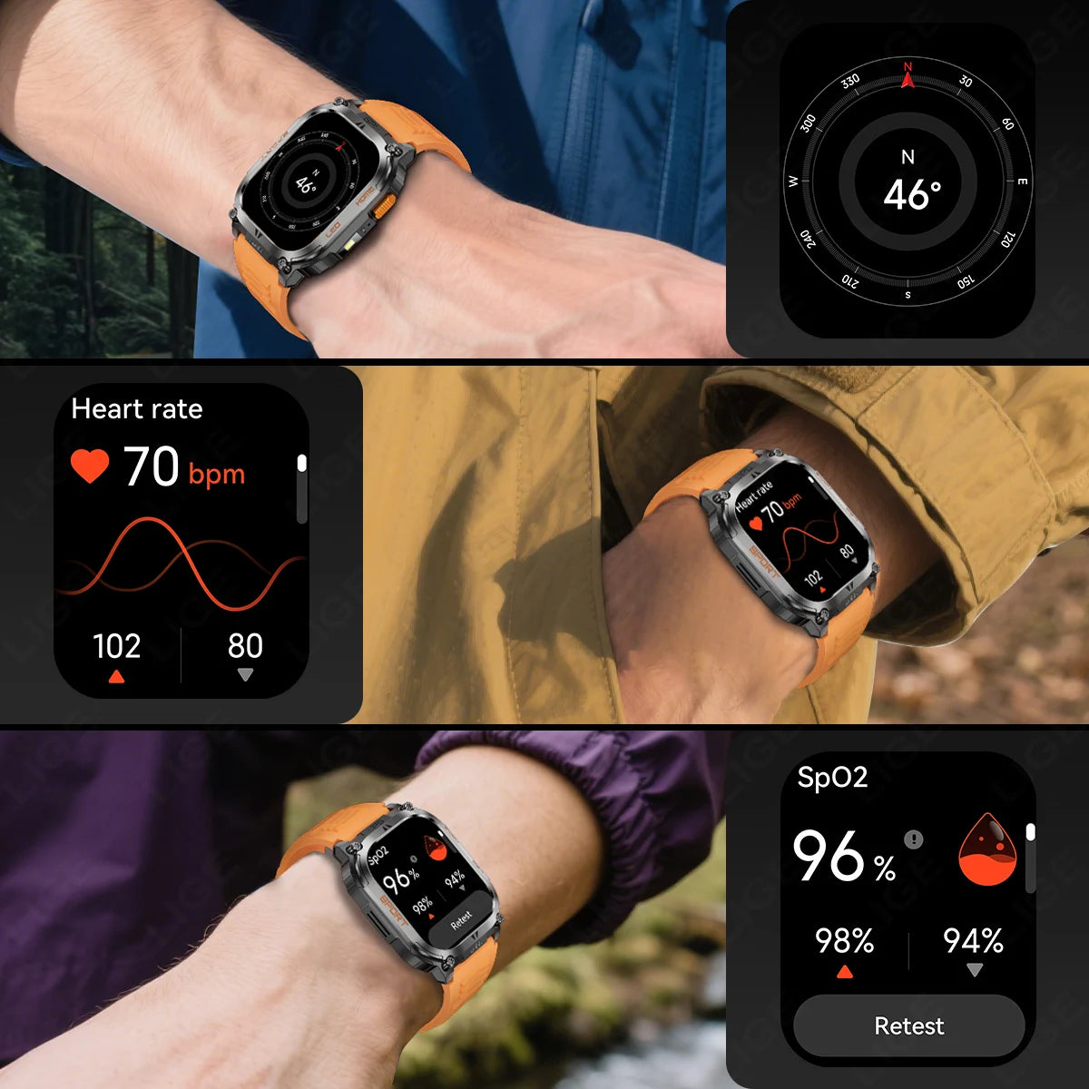 LIGE 2025 Smartwatch Men – 2.01" HD AMOLED, GPS, IP68 Waterproof, Outdoor Sports, LED Flashlight, Bluetooth Calls