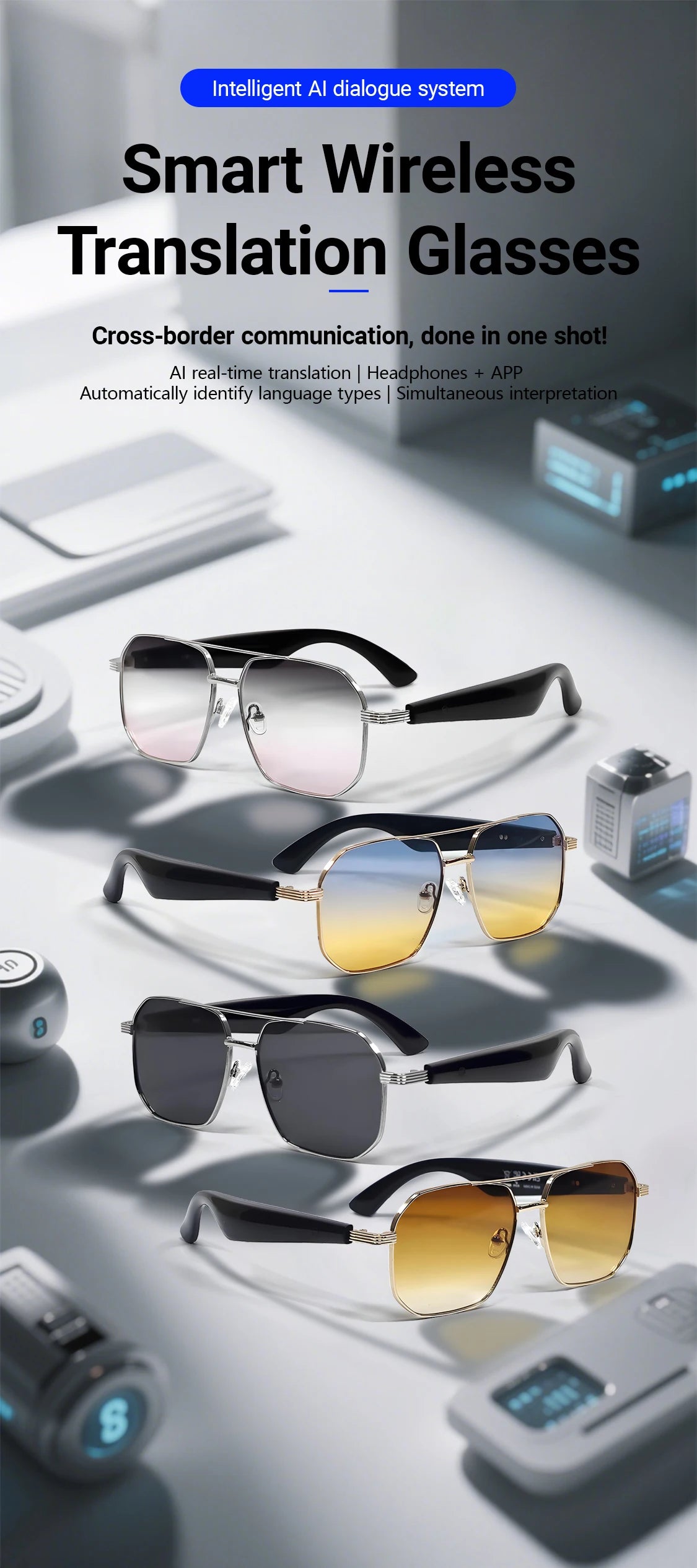 LIGE BWGY300 Smart Glasses 2025 – Women's Bluetooth Sunglasses, AI Translation, UV400, Music & Calls