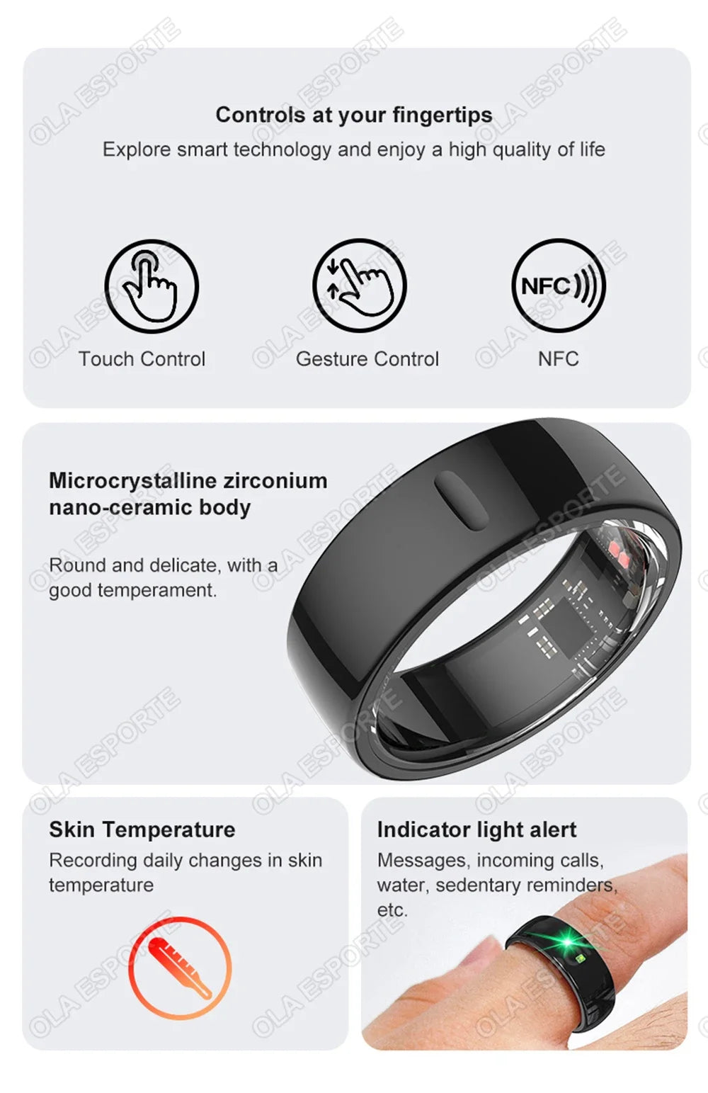 XMSJ NFC Smart Ring 2025 – Keramik, LED, 5ATM Wasserdicht, Gesundheits- & Fitness-Tracking, Gestensteuerung, Multisport