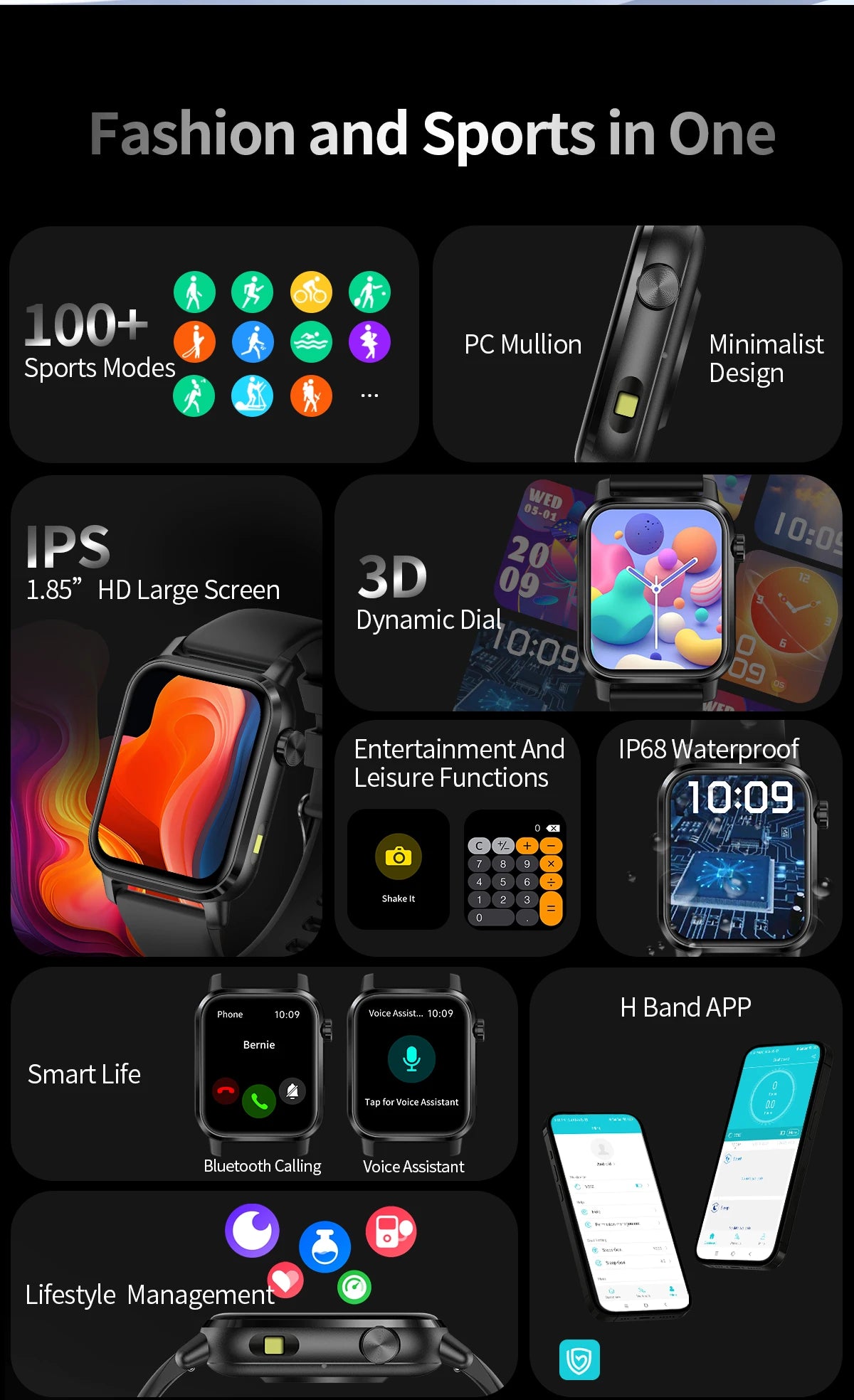 LIGE LED Smartwatch Women – 1.85″ HD Screen, Health Monitor, Fitness Tracker, AI Voice Assistant, Bluetooth Call