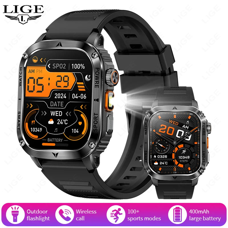 LIGE 2025 Premium Military Smartwatch Men – Outdoor Sports Tracker, Bluetooth Call, Flashlight, IP68 Waterproof, 400 mAh Battery
