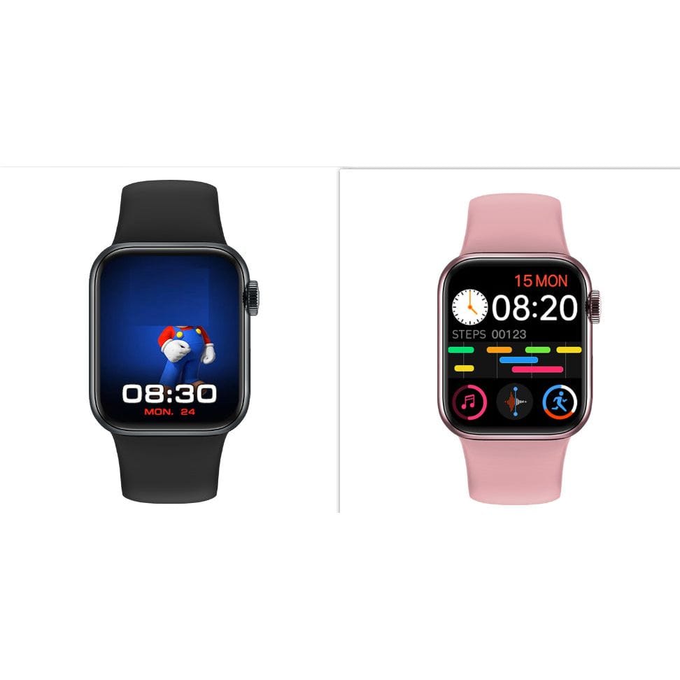 Zwei elegante NFC-Smartwatches aus Edelstahl, ideal für digitale Anwendungen und modernen Stil
