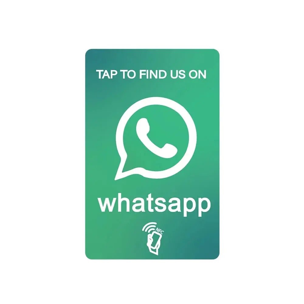 Grüne NFC-Karte mit WhatsApp-Logo und Text "Tap to find us on" für smarte Bewertungen.