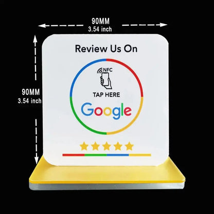 Einfaches Google-Bewertungsschild mit NFC-Technologie zur Förderung von Kundenbewertungen.