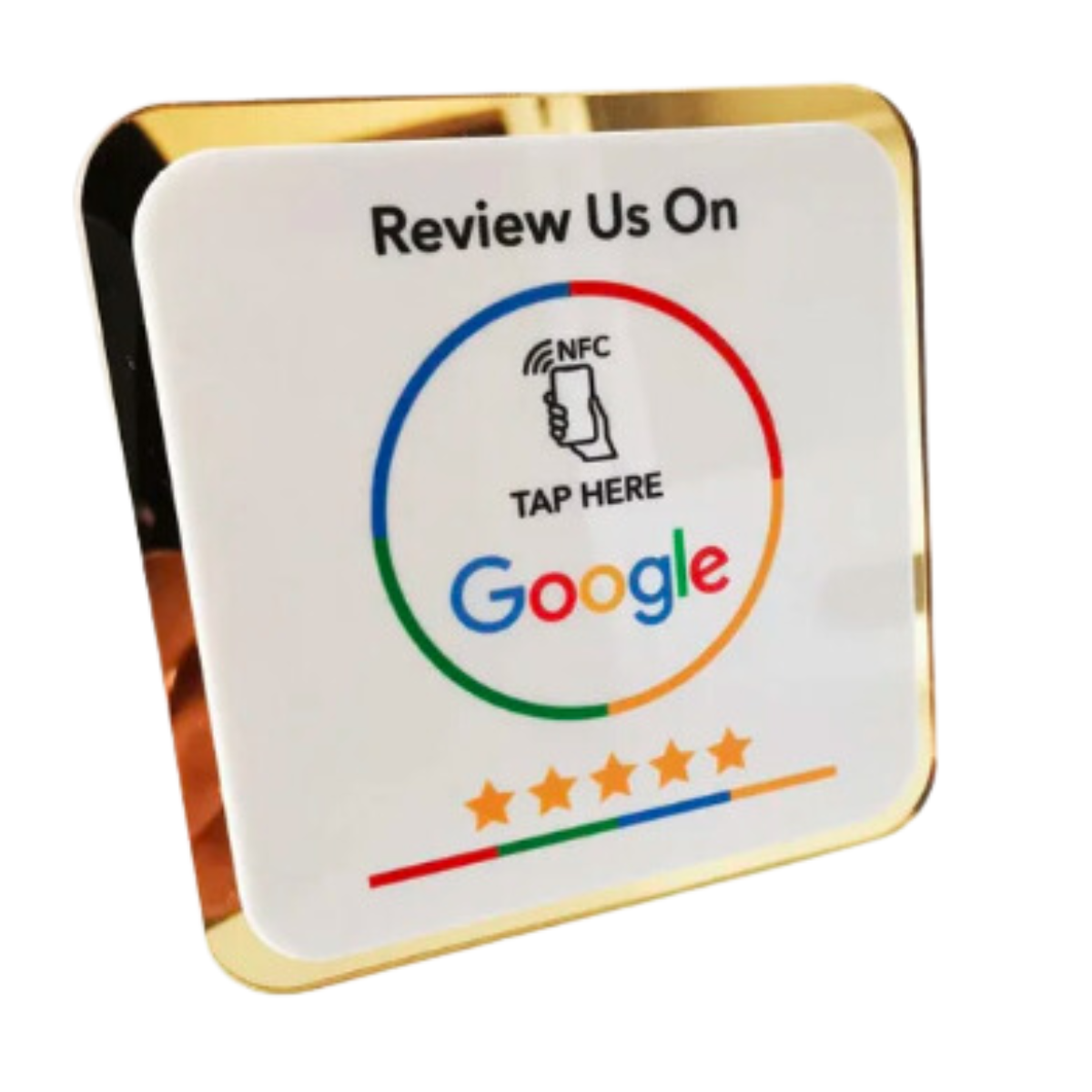 Google-Bewertungsschild mit NFC-Scan-Code auf einem Verkaufstresen
