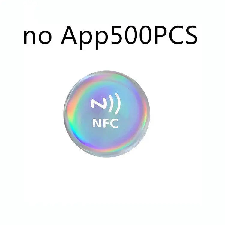 Runder holografischer NFC-Aufkleber mit weißem NFC-Symbol und Schriftzug "no App 500PCS".