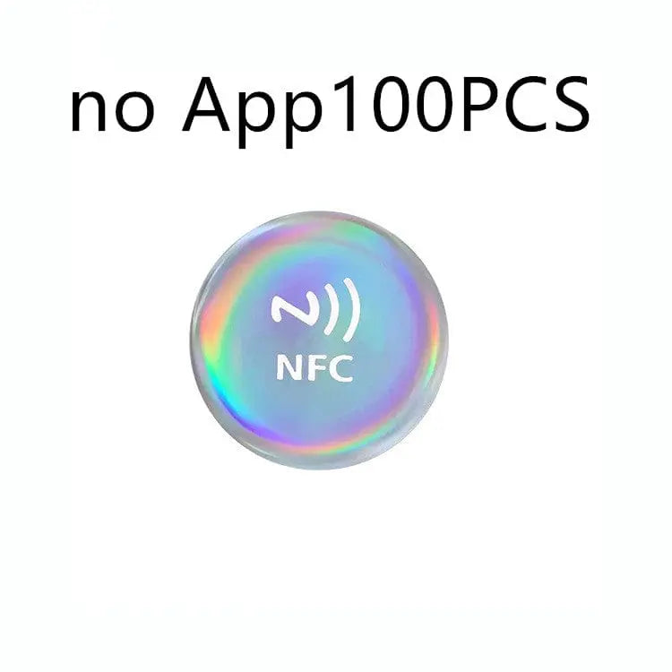 Runder holografischer NFC-Aufkleber mit NFC-Symbol in Weiß, reflektierende Oberfläche.