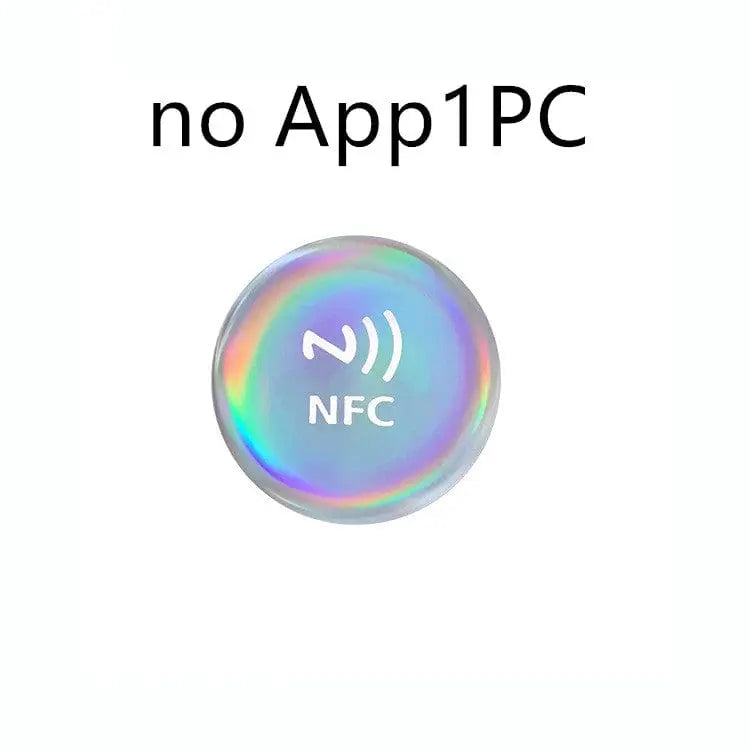 Runder, holografischer NFC-Aufkleber mit weißem NFC-Symbol und text "no App1PC" darüber.