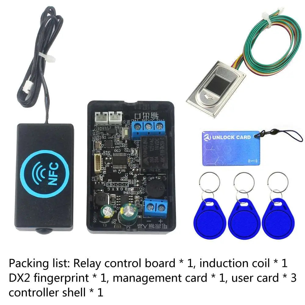 NFC-Fingerabdruck-Steuermodul mit Relaiskarte, Induktionsspule, Metallfingerabdrucksensor, blaue RFID-Schlüsselanhänger und.