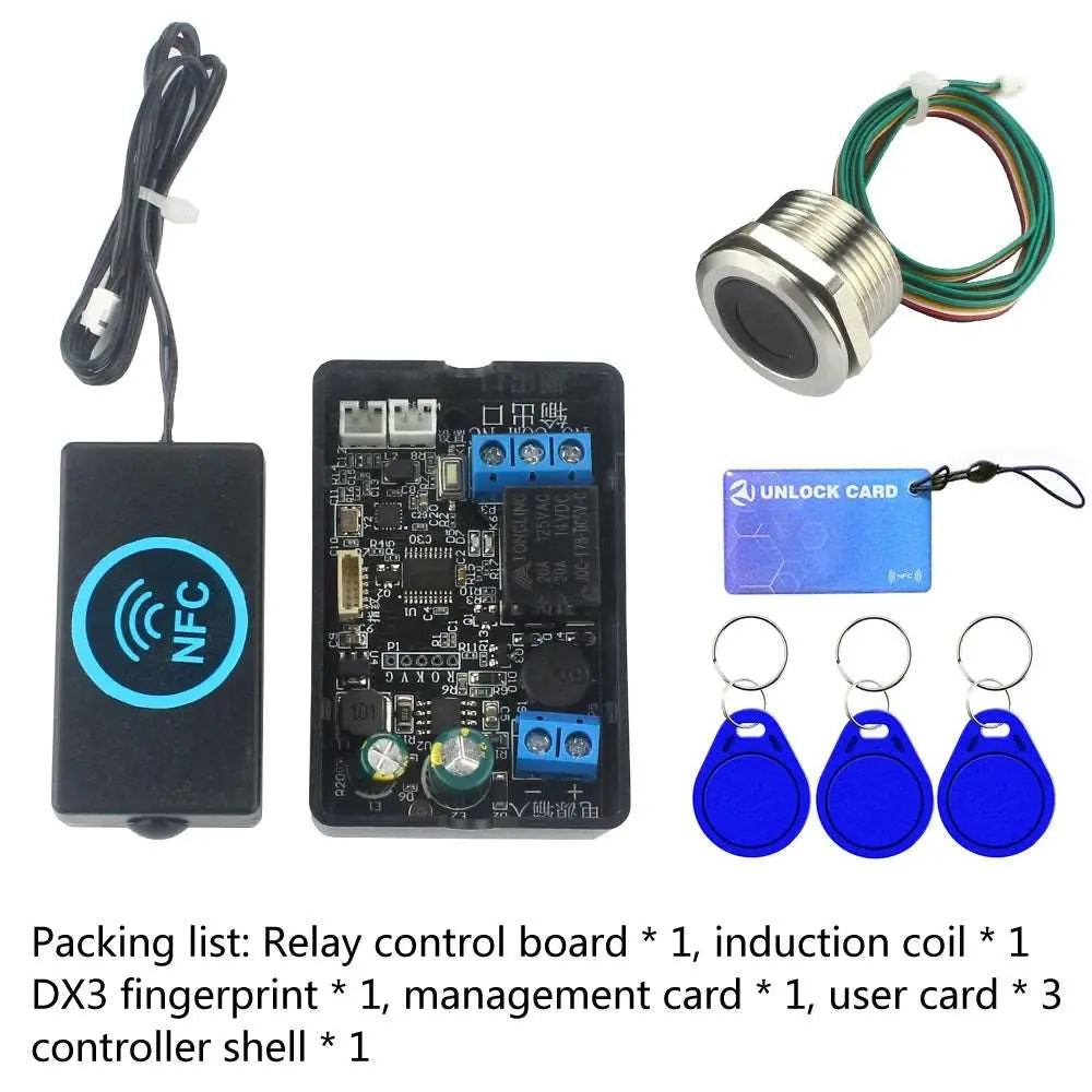 NFC-Fingerabdruck-Steuermodul mit Relaisschaltkarte, Induktionsspule, Metallfingerabdrucksensor, blauen Schlüsselanhängern.