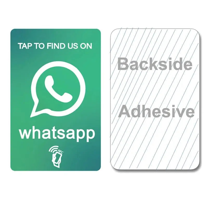 WhatsApp NFC-Karte in Grün mit weißem Logo, Rückseite mit Klebefläche und diagonalen Linien.