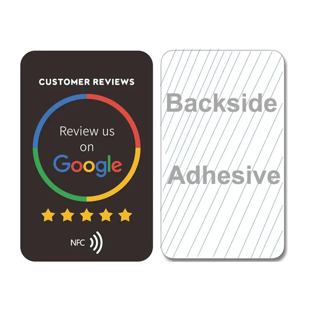 Schwarze NFC-Karte mit Google-Bewertungssymbol, fünf goldenen Sternen und Schriftzug "Customer Reviews" Vorder- und.
