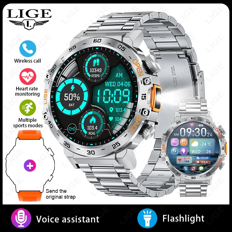 LIGE Militär Outdoor Smartwatch Herren 2024 – AMOLED HD, Bluetooth-Anrufe, Fitness & Sport, IP68 Wasserdicht | Taggytech