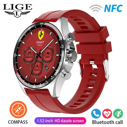 ساعة LIGE الذكية NFC مع نظام تحديد المواقع العالمي (GPS) ومكالمات بلوتوث وبوصلة - شاشة AMOLED مقاس 1.52 بوصة، مقاومة للماء IP68، أكثر من 50 وضعًا رياضيًا، ومساعد صوتي SOS
