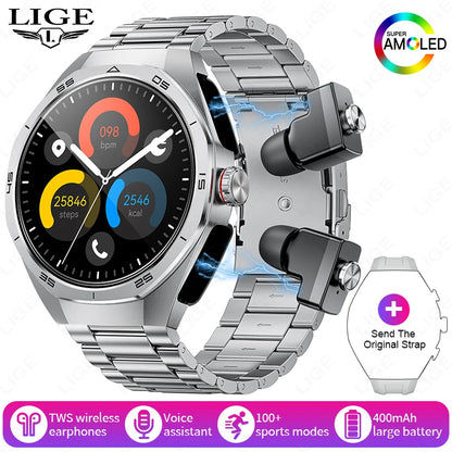 2025 LIGE 2-in-1 Smartwatch Men – NFC, Built-in TWS Earphones, 1.53-inch HD AMOLED, Bluetooth Call, Fitness &amp; Sports Smartwatch