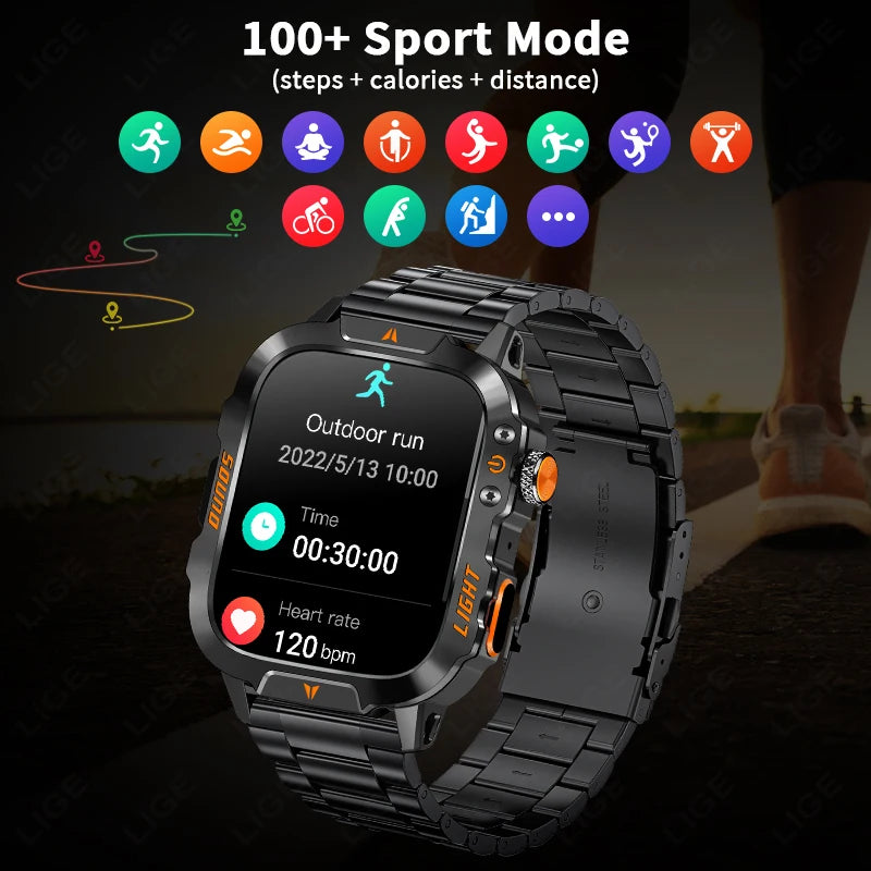 LIGE Militärische Smartwatch 2025 – Wasserdicht, Outdoor Sport Tracker, LED-Taschenlampe, Bluetooth-Anruf | Taggytech