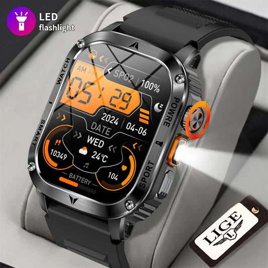 LIGE 2025 Premium Military Smartwatch Men – Outdoor Sports Tracker, Bluetooth Call, Flashlight, IP68 Waterproof, 400 mAh Battery