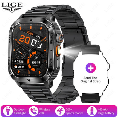 LIGE 2025 Premium Military Smartwatch Men – Outdoor Sports Tracker, Bluetooth Call, Flashlight, IP68 Waterproof, 400 mAh Battery