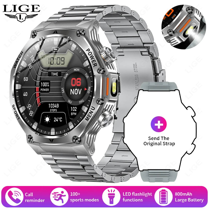 LIGE Smartwatch Herren 2025 – Militär Outdoor, 1,8" HD AMOLED, 800 mAh Batterie, Herzfrequenz & Bluetooth-Anruf, Sport-Smartwatch für Android & iOS
