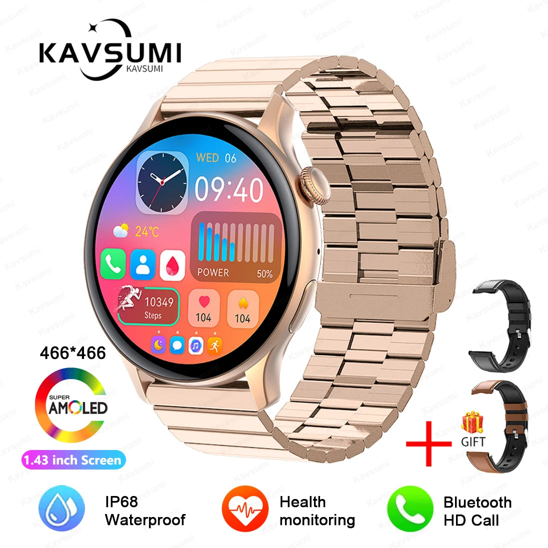 ساعة ذكية نسائية NFC 2024 - شاشة AMOLED مقاس 1.43 بوصة، GPS وبلوتوث للاتصال