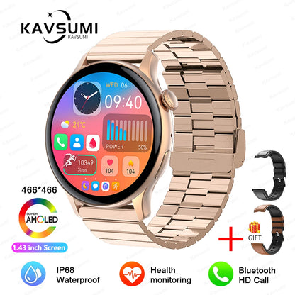 ساعة ذكية نسائية NFC 2024 - شاشة AMOLED مقاس 1.43 بوصة، GPS وبلوتوث للاتصال