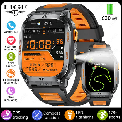LIGE 2025 Smartwatch Men – 2.01" HD AMOLED, GPS, IP68 Waterproof, Outdoor Sports, LED Flashlight, Bluetooth Calls