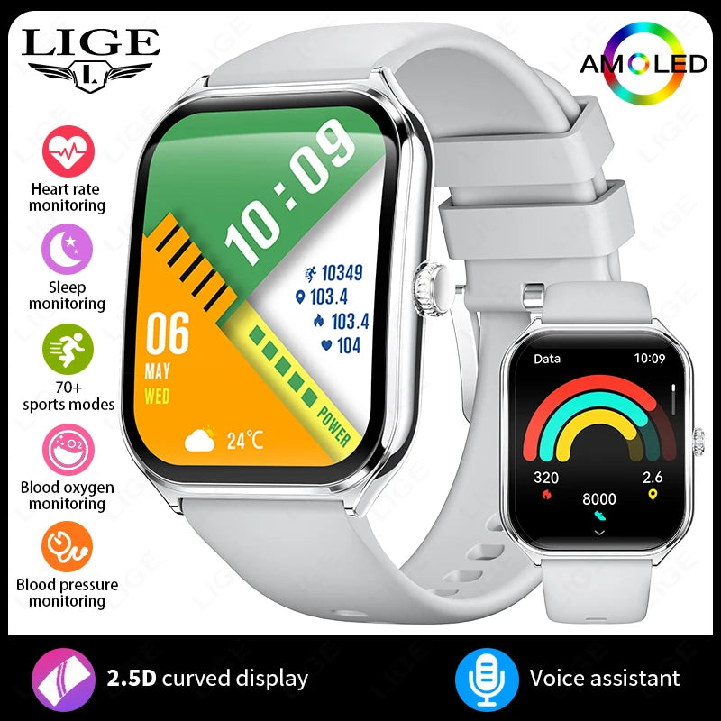 LIGE Smartwatch 2025 – 1,96" AMOLED HD, Bluetooth-Anruf, Fitness & Gesundheit für Herren & Damen | Taggytech