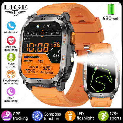 LIGE 2025 Smartwatch Men – 2.01" HD AMOLED, GPS, IP68 Waterproof, Outdoor Sports, LED Flashlight, Bluetooth Calls