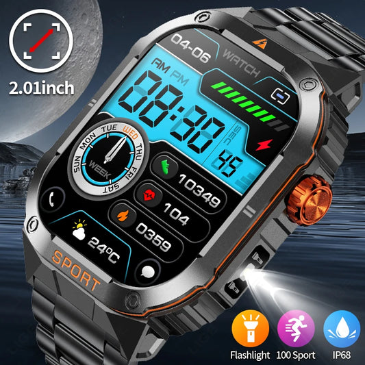 LIGE 2025 Professional Sports Smartwatch Men – Outdoor Waterproof, LED Flashlight, Bluetooth Call, 2.01" HD Display