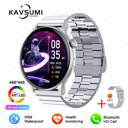 ساعة ذكية نسائية NFC 2024 - شاشة AMOLED مقاس 1.43 بوصة، GPS وبلوتوث للاتصال