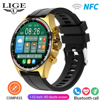 ساعة LIGE الذكية NFC مع نظام تحديد المواقع العالمي (GPS) ومكالمات بلوتوث وبوصلة - شاشة AMOLED مقاس 1.52 بوصة، مقاومة للماء IP68، أكثر من 50 وضعًا رياضيًا، ومساعد صوتي SOS