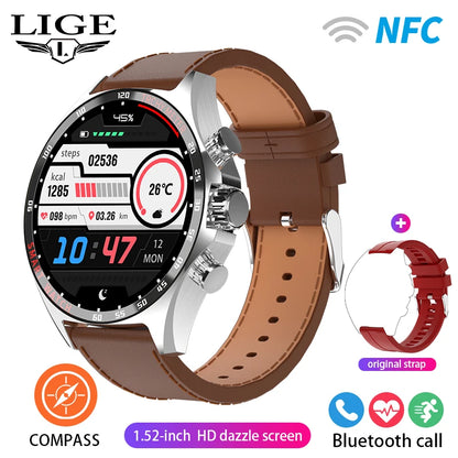 ساعة LIGE الذكية NFC مع نظام تحديد المواقع العالمي (GPS) ومكالمات بلوتوث وبوصلة - شاشة AMOLED مقاس 1.52 بوصة، مقاومة للماء IP68، أكثر من 50 وضعًا رياضيًا، ومساعد صوتي SOS