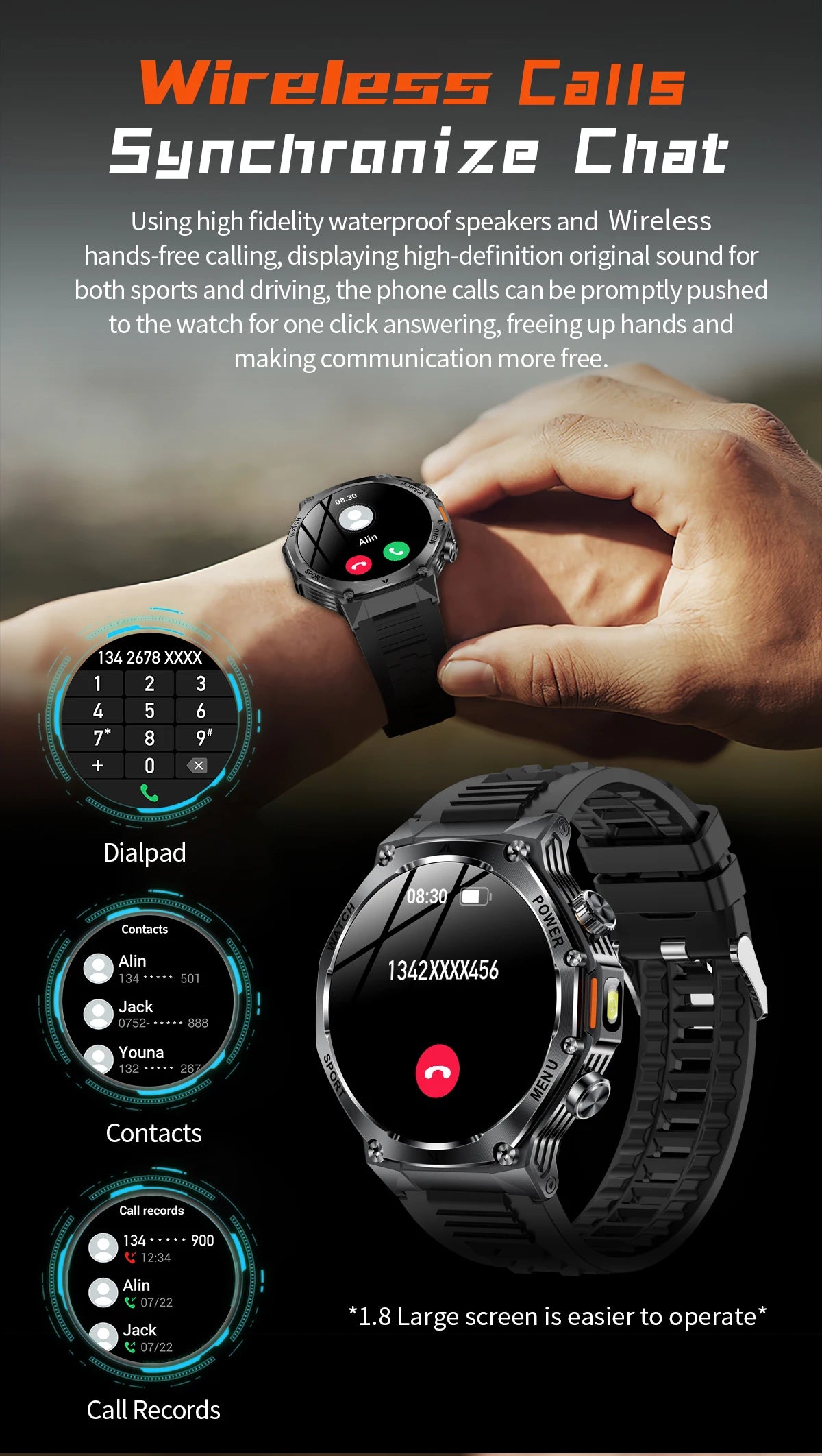 LIGE Smartwatch Herren 2025 – Militär Outdoor, 1,8" HD AMOLED, 800 mAh Batterie, Herzfrequenz & Bluetooth-Anruf, Sport-Smartwatch für Android & iOS
