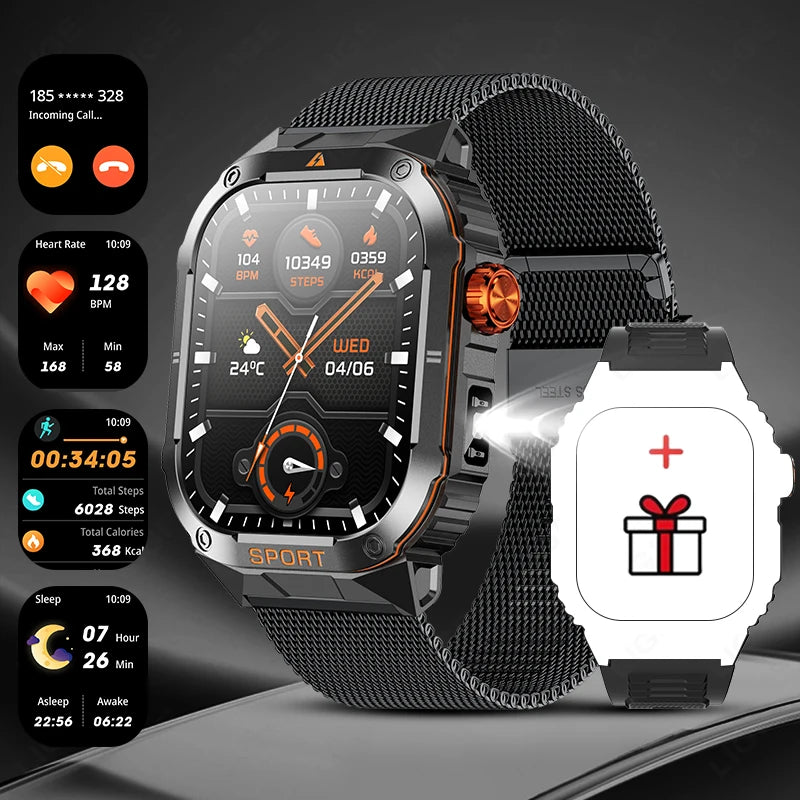 LIGE 2025 Professionelle Sport Smartwatch Herren – Outdoor Wasserdicht, LED-Taschenlampe, Bluetooth Anruf, 2,01" HD Display | Taggytech