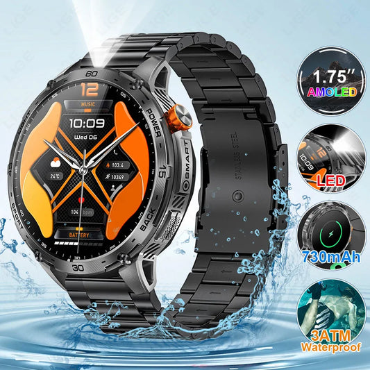 LIGE 2025 Military Outdoor Smartwatch Men – 1.75" HD AMOLED, 730 mAh, Flashlight, 3ATM Waterproof